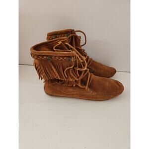 Minnetonka Moccasins Women SZ 7 High Top Fringe Boot Brown Suede  Women Shoes